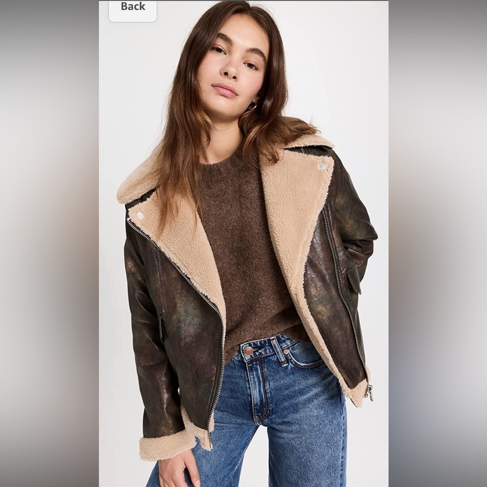 NWT Avec Les Filles Vintage Wash Faux Shearling Biker Jacket in Carbon Oat